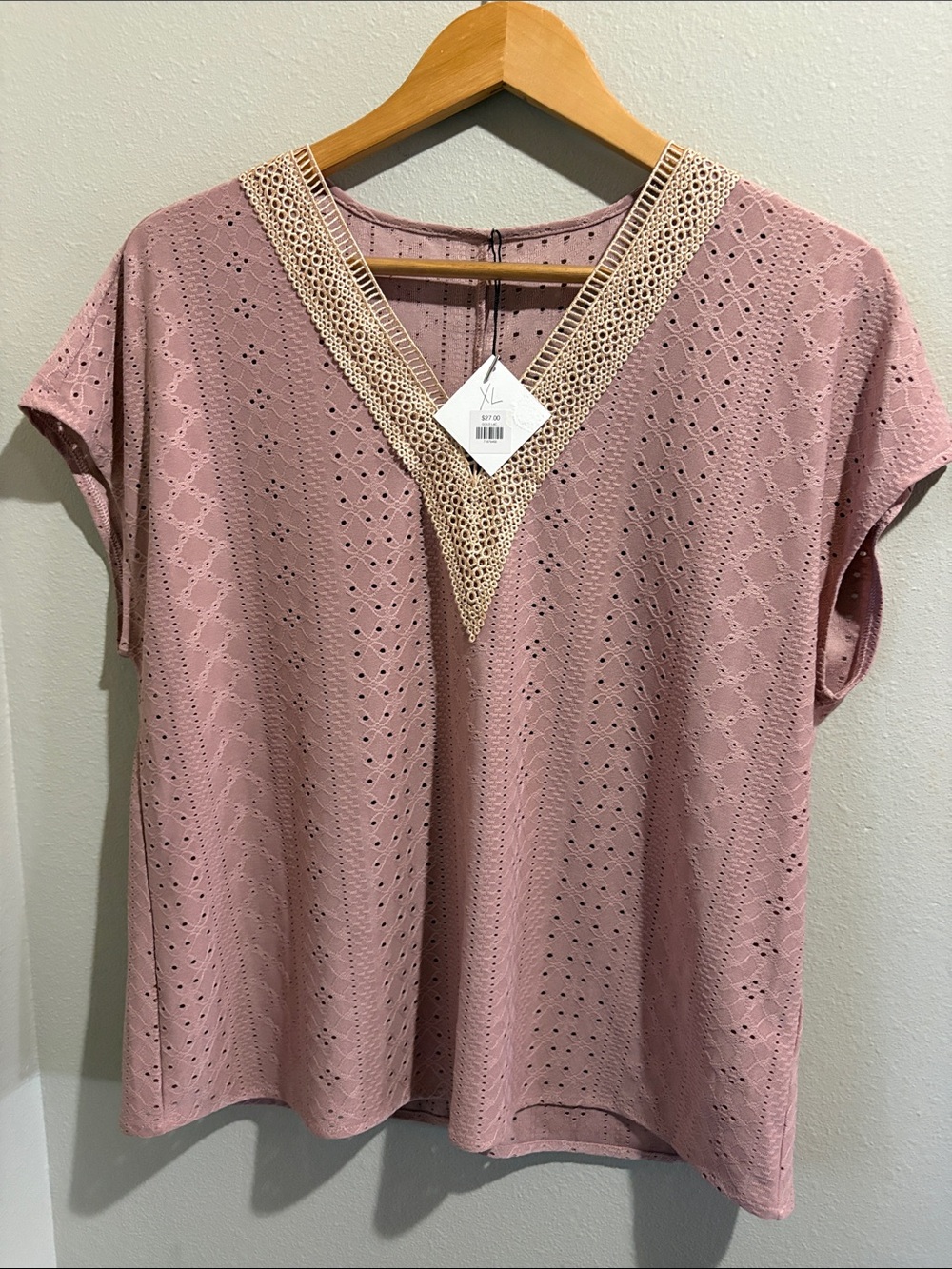 Eyelet V-Neck Blouse in Dusty Rose with Contrast Trim (XL)